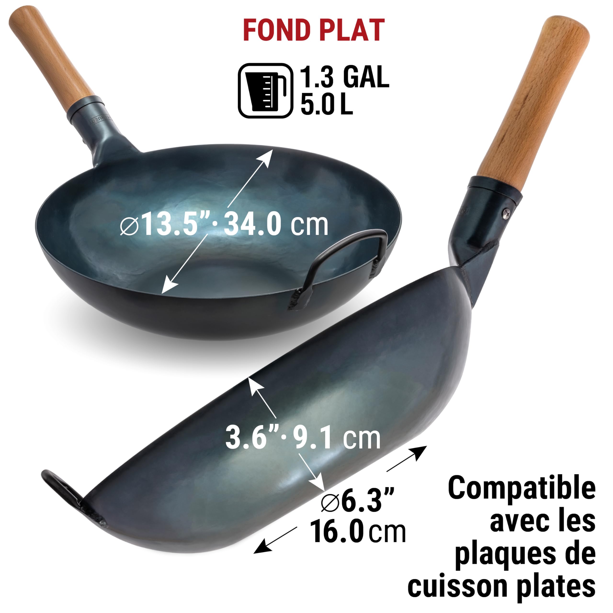 YOSUKATA Woks Et Poêles à Frire 34 cm - Wok À Fond Plat En Acier Carbone Bleu, Pré-assaisonné Compatible Induction, Plaques Électriques, Gaz Et Feu Ouvert - Poêles Chinois Traditionnel