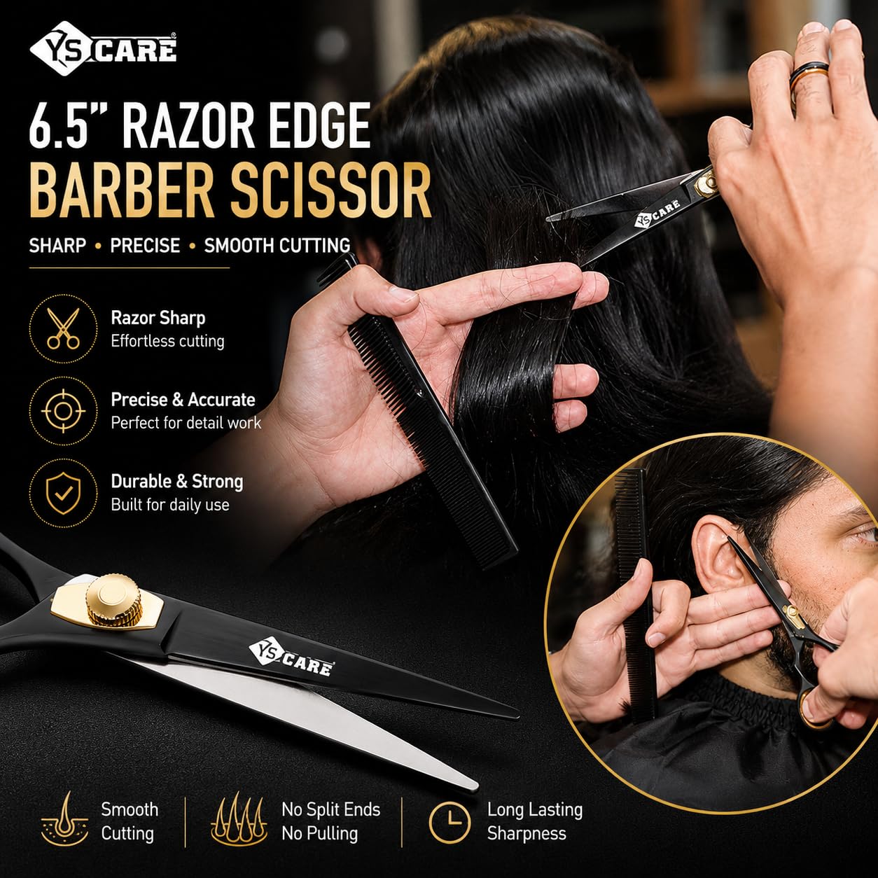 YSCARE Forbici Da Parrucchiere Forbici Affilate Premium in Acciaio Inox Da per Il Taglio Dei Capelli Ideali per Parrucchieri Barbieri uomini (Dritto, 6.5)