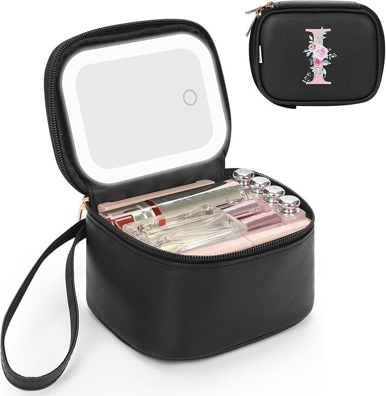 Relavel Bolsa de Maquiagem com Espelho LED, Inicial Bordada, Preta, Modelo I