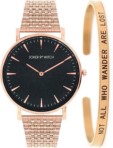 Joker &amp; Witch Stainless Steel Women Valerie Rose Gold Analog Watch Bracelet Stack, Black Dial, Rose Gold Band