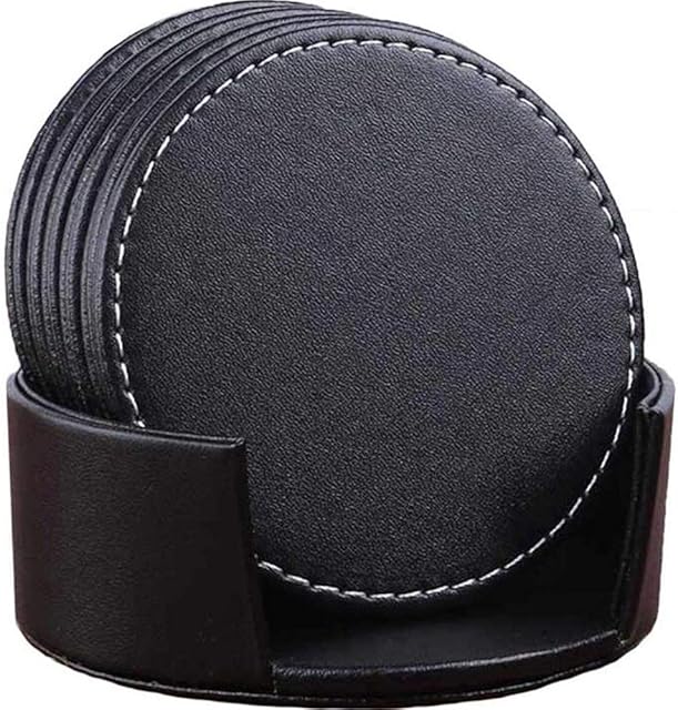 Valink 6 Pcs/set Leather Drink Coasters, Non-slip Round Soft Coaster Cup Pad,Cup Mats, Dinner Table Placemats Table Mats Placemat for Coffee Beer Mug Wine Glass Bottle Home and Bar - Black