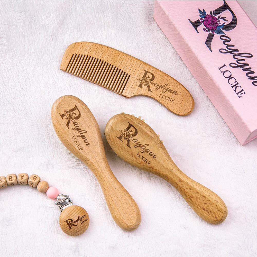 Personalized Engraved Baby Brush and Comb Set Newborn Gift Wooden Brush Set New Baby Gift (Baby Brush Set Pink Box)