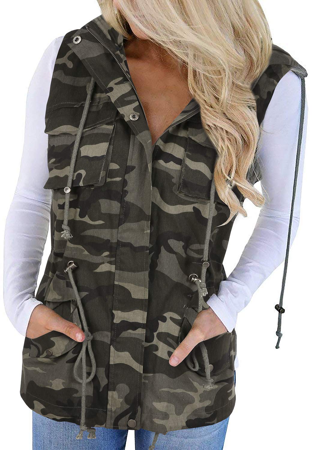 Tutorutor Womens Military Safari Camo Vest Utility Lightweight Sleeveless Hooded Drawstring Jackets with Pockets
