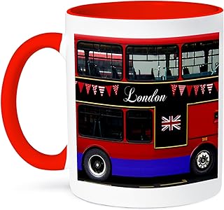 3dRose mug_113051_5 "London double Decker Red Bus with Bunting & Flag UK Great Britain Travel Souvenir Two Tone Red" Mug, 11 oz, Red/White