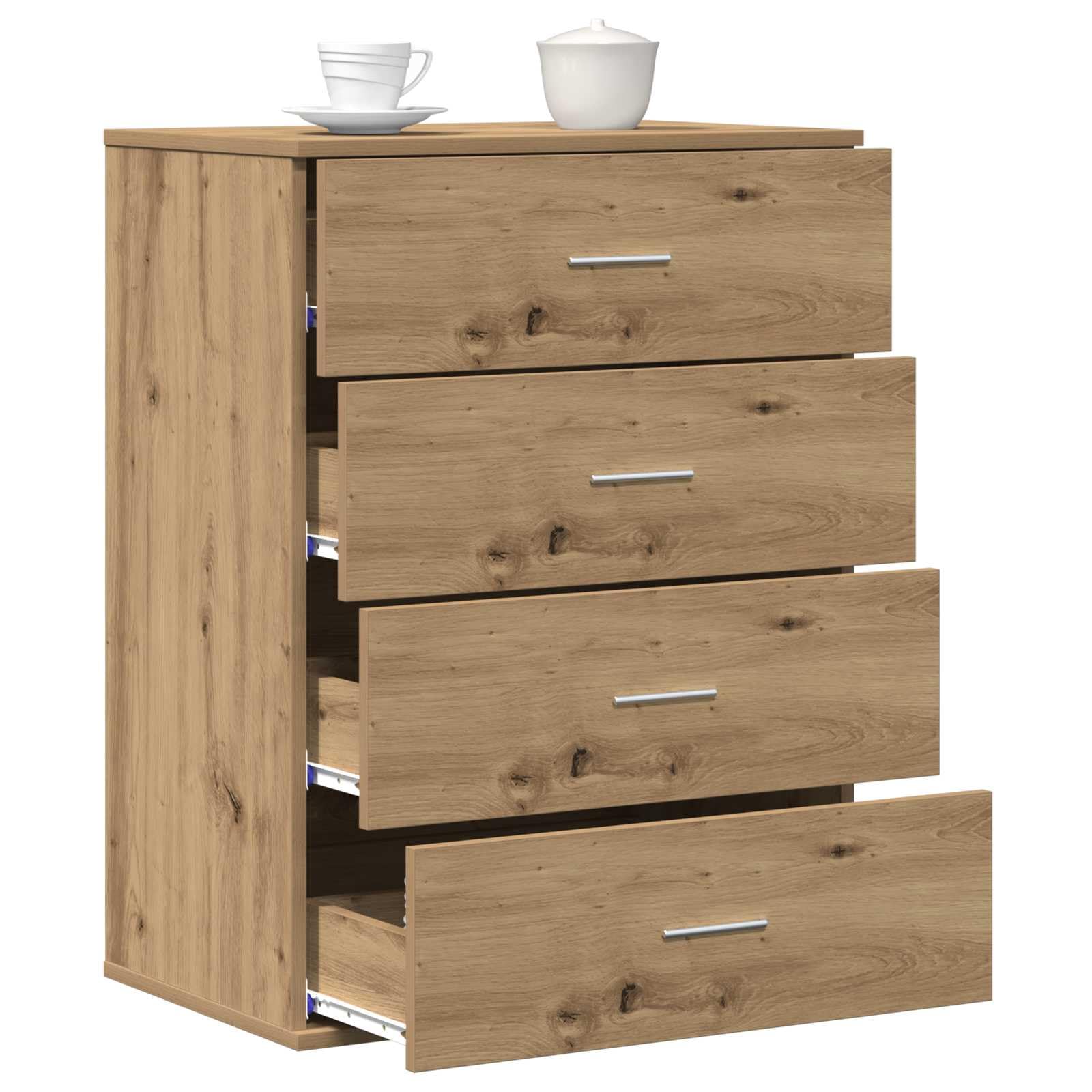 Madera resistente estilo moderno Roble artisan 60 x 39 x 80 cm Marrón | Aparador Roble artisan 60 x 39 x 80 cm Madera de ingeniería con 4 cajones y tiradores plateados para comedor moderno,