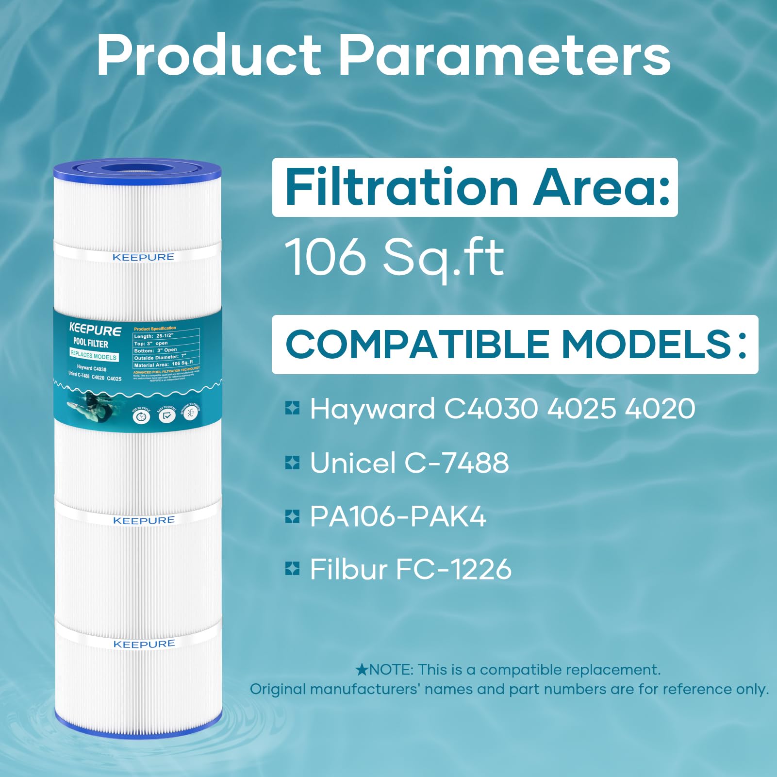 KEEPURE C4030 Pool Filter Cartridge Compatible with C4025, C4020, PA106-PAK4,C-7488,PA106,FC-1226,FC-6430,CX880XRE,4 x 106 sq.ft, 4Pack
