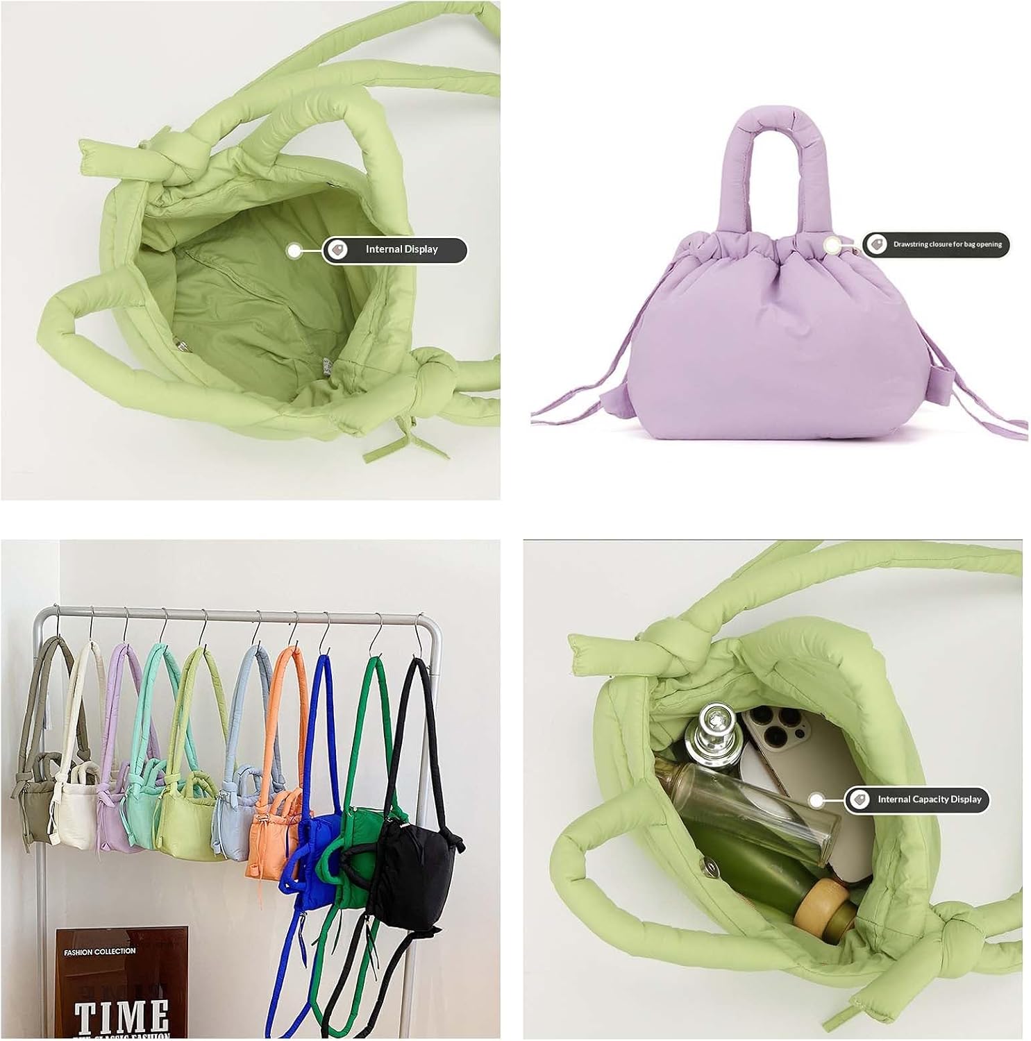 Quilted Puffer Tote Bag, Lightweight Puffy Shoulder Bag with Drawstring & Adjustable Strap, Soft Crossbody Bag