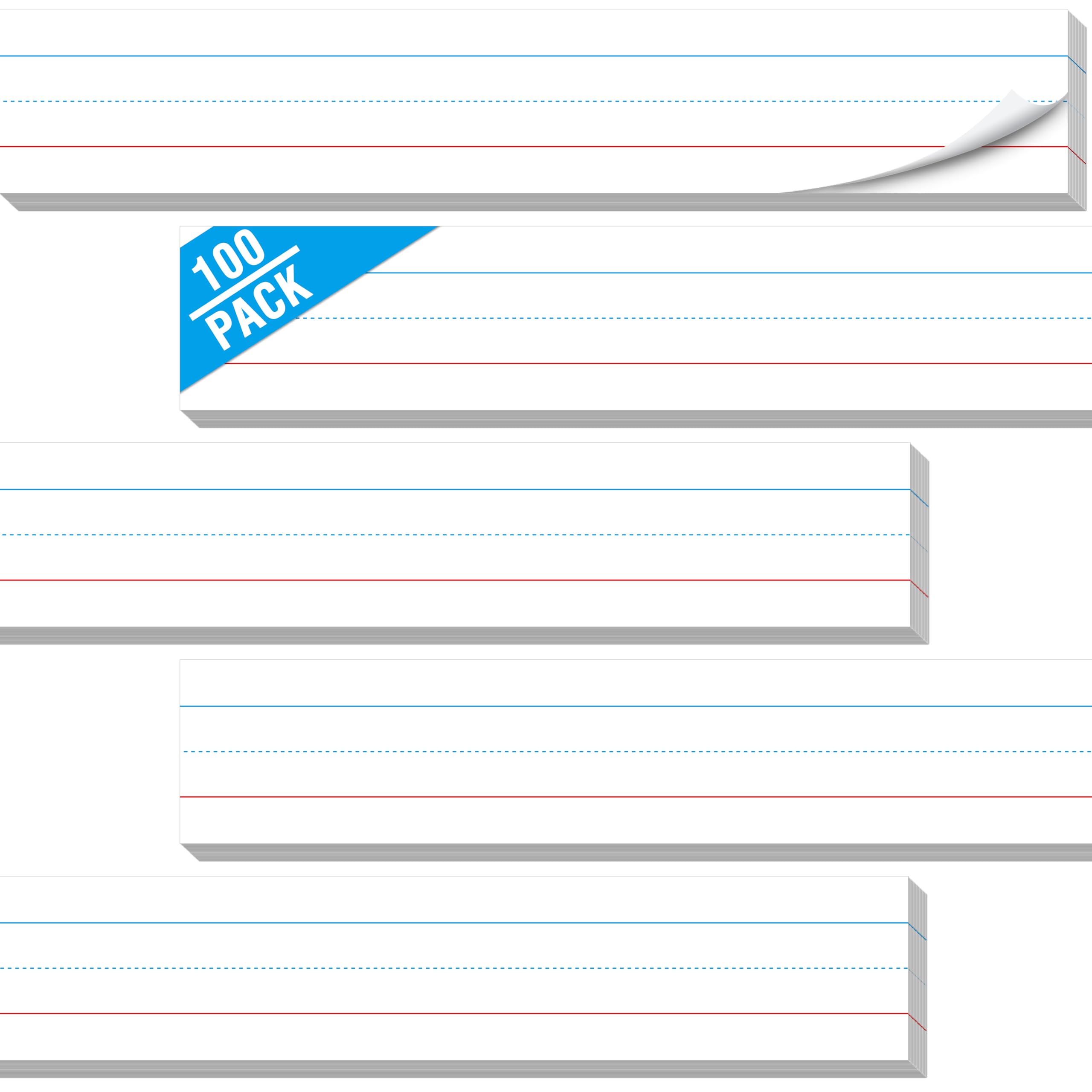 100 Pack Sentence Strips, White Sentence Strip Lined Paper for Handwriting Practice Learning Tool Classroom School, Office Supplies (17” x 3”)