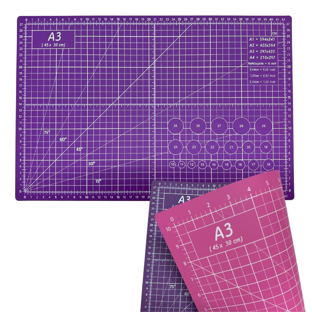 Base de Corte Profesional A3 Rosa y Lila | Ideal para Patchwork, Costura y Manualidades | Autoregenerativa | 45x30 cm | 2 Colores para Mayor Visibilidad