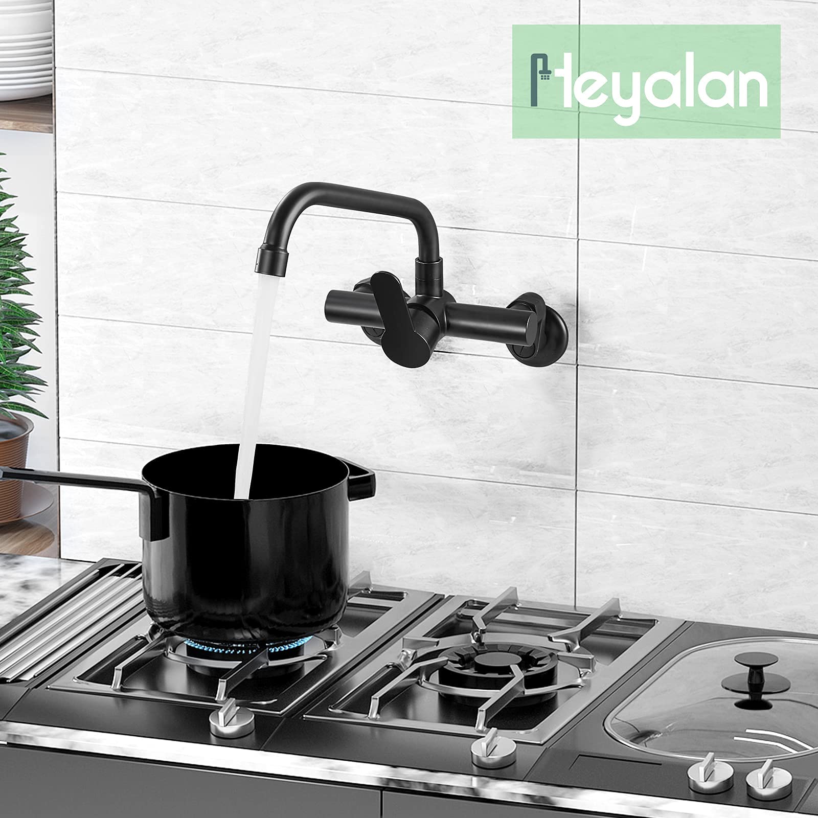 Matte Black Wall Mount Kitchen Faucet Single Lever Handle 6 Inch