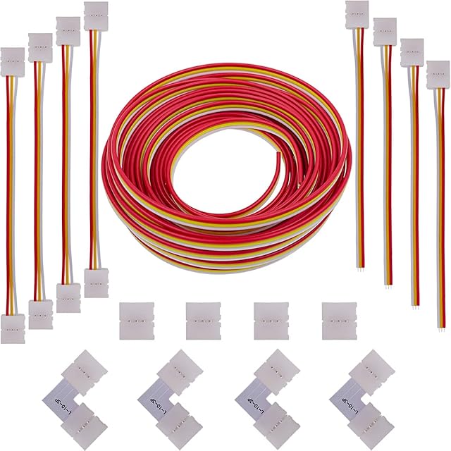 FSJEE 3 Pin LED Strip Connector Kit,Includes 16.4 FT Extension Cable,4X Led Corner Connector 3 Pin,4XGapless 3 Pin Connector,Strip to Strip Jumpers for 10mm 3 Pin LED Strip Light WS2811 and WS2812b