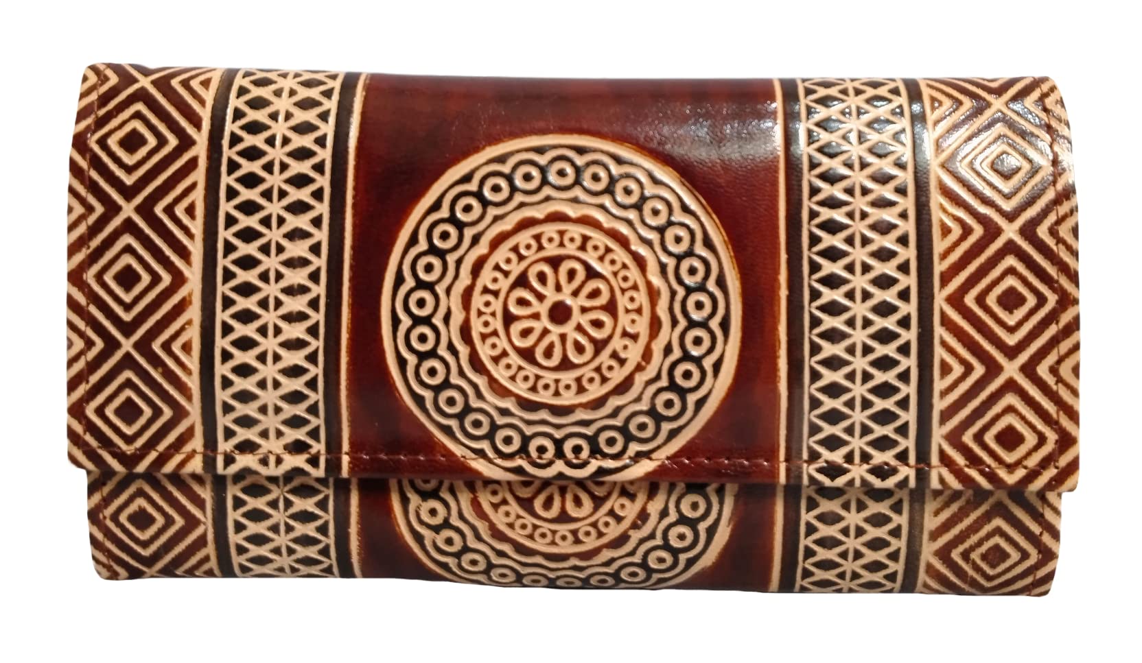Shantiniketan Genuine Leather Handcrafted Geometric Motif Clutch For Women (Traditional Chakra, Brown)-image-6