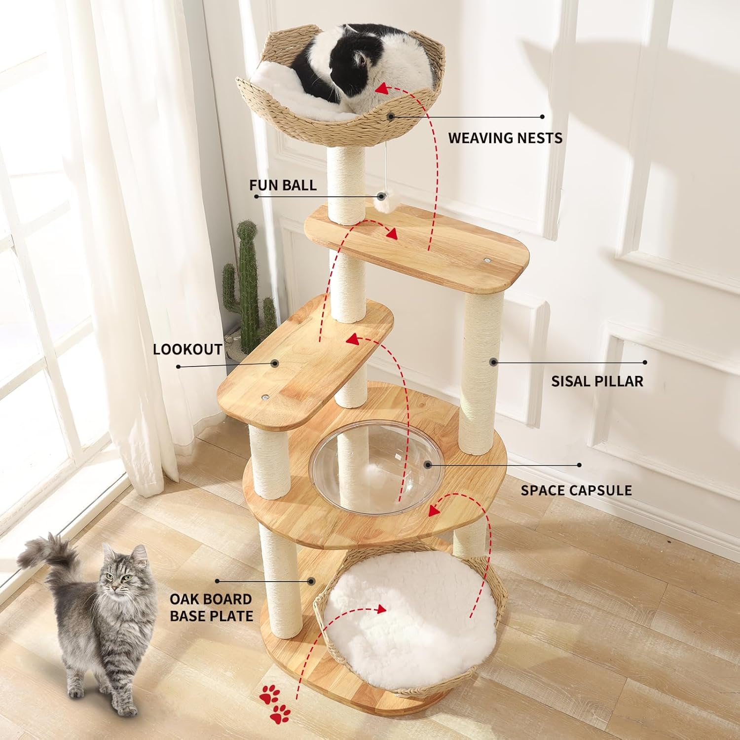Cat Tree for Indoor Cats, 61'' Multi-Level Solid Wood Cat Tower for Large Adult Cats, Heavy Duty Modern Cat Tree with 9 Sisal Rope Posts, 3 Spacious Perches & Cozy Basket, Stable and Easy to Assemble