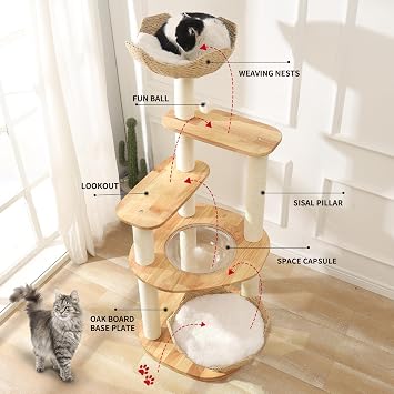 SHODMI Modern Cat Tree for Large Indoor Cats 61 in Rubber Wood Cat Tower