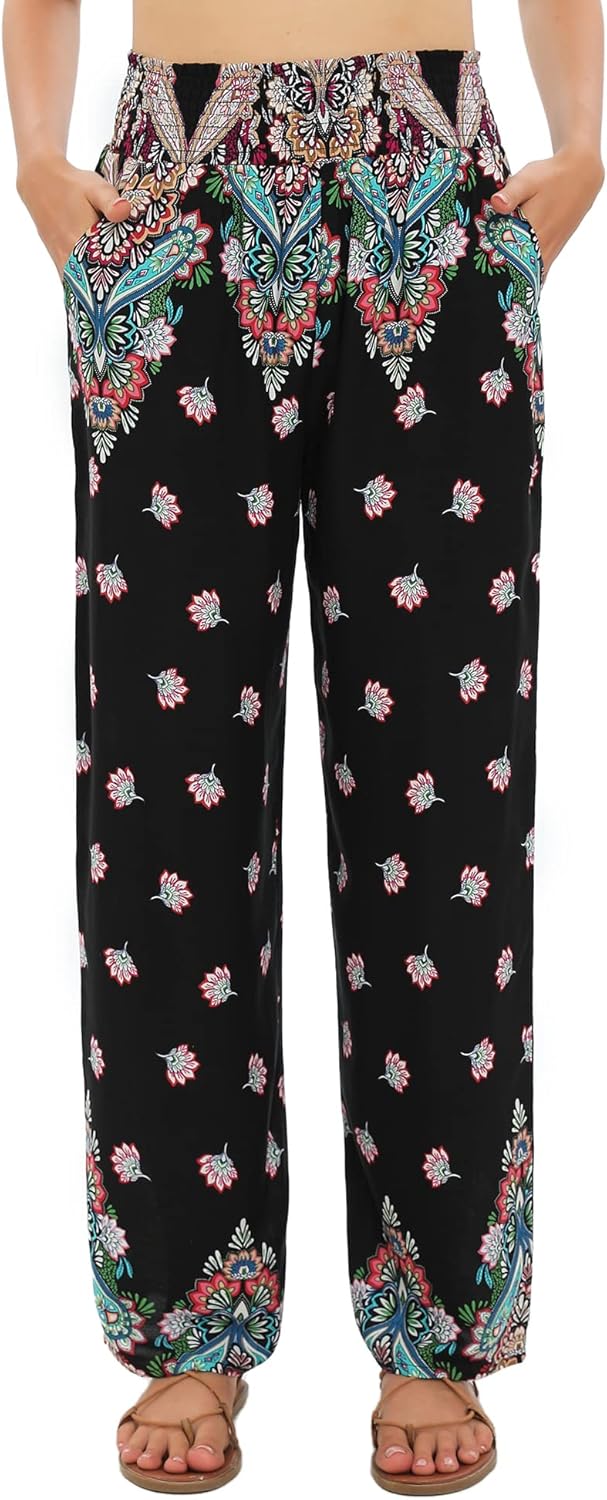 Urban CoCo Women's Elastic High Waist Boho Floral Print Pants Palazzo Wide Leg Lounge Pants - Image 2