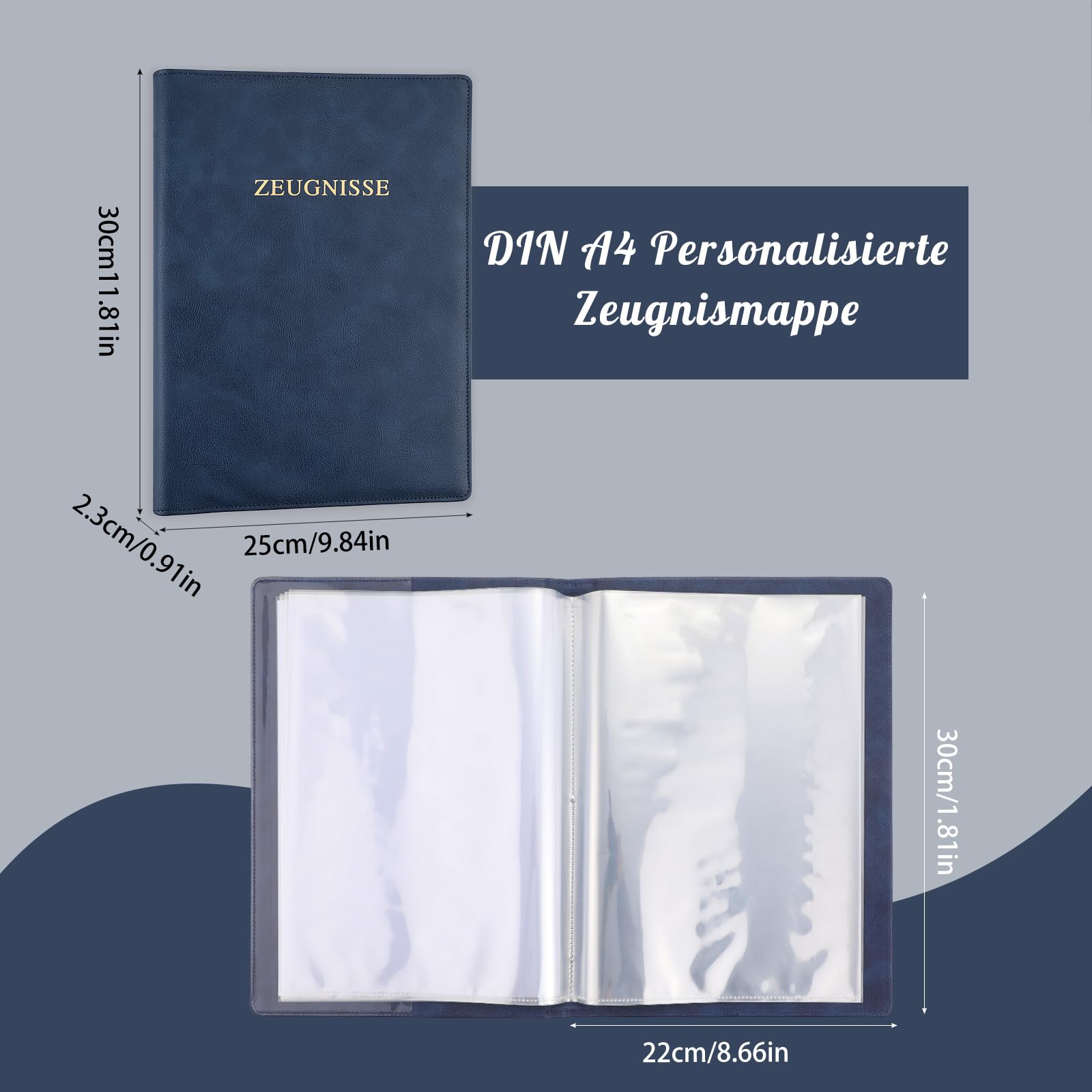 Thboxes Zeugnismappe A4 mit 20 Klarsichthüllen, Einband PU Leder Dokumentenmappe Zeugnismappe Jungen Mädchen Erwachsene Zeugnis Geschenk Sichtbuch für Zertifikate Urkunden Zeugnisse (Dunkelblau)