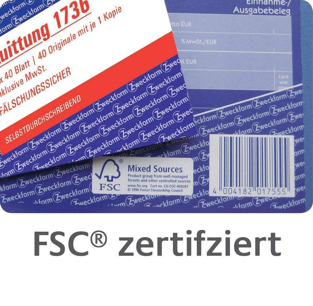 10er Sparpack Avery Zweckform 1735 Quittung MwSt. separat ausgewiesen, DIN A6 quer, fälschungssicher, 2 x 40 Blatt, weiß, gelb (10)
