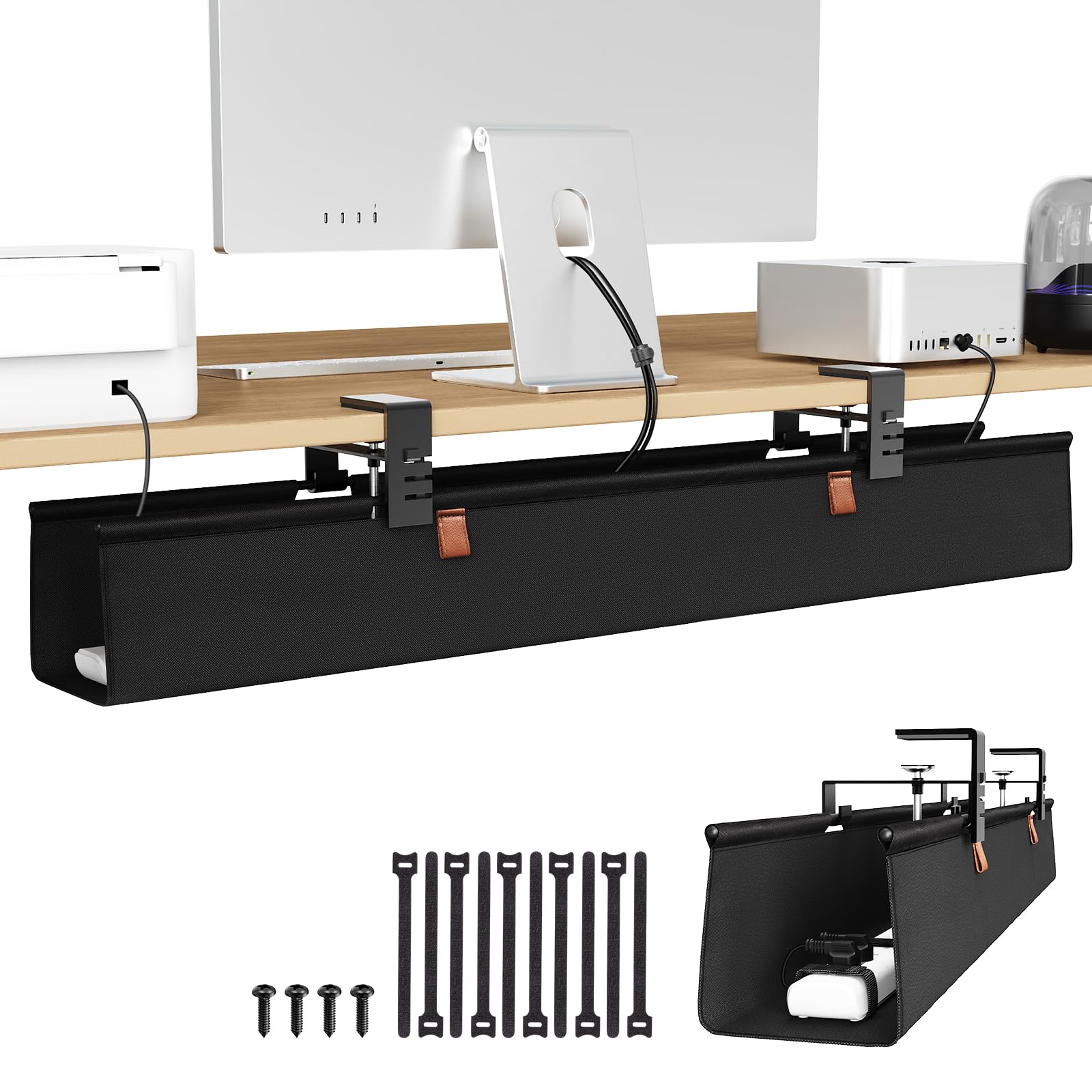 Zilink No Drill Under Desk Cable Management Tray 30" Cord Organizer for Table Clamp/Screw Mount Desk Cable Management Sturdy Waterproof Fabric Cord Hiders for Office, Home