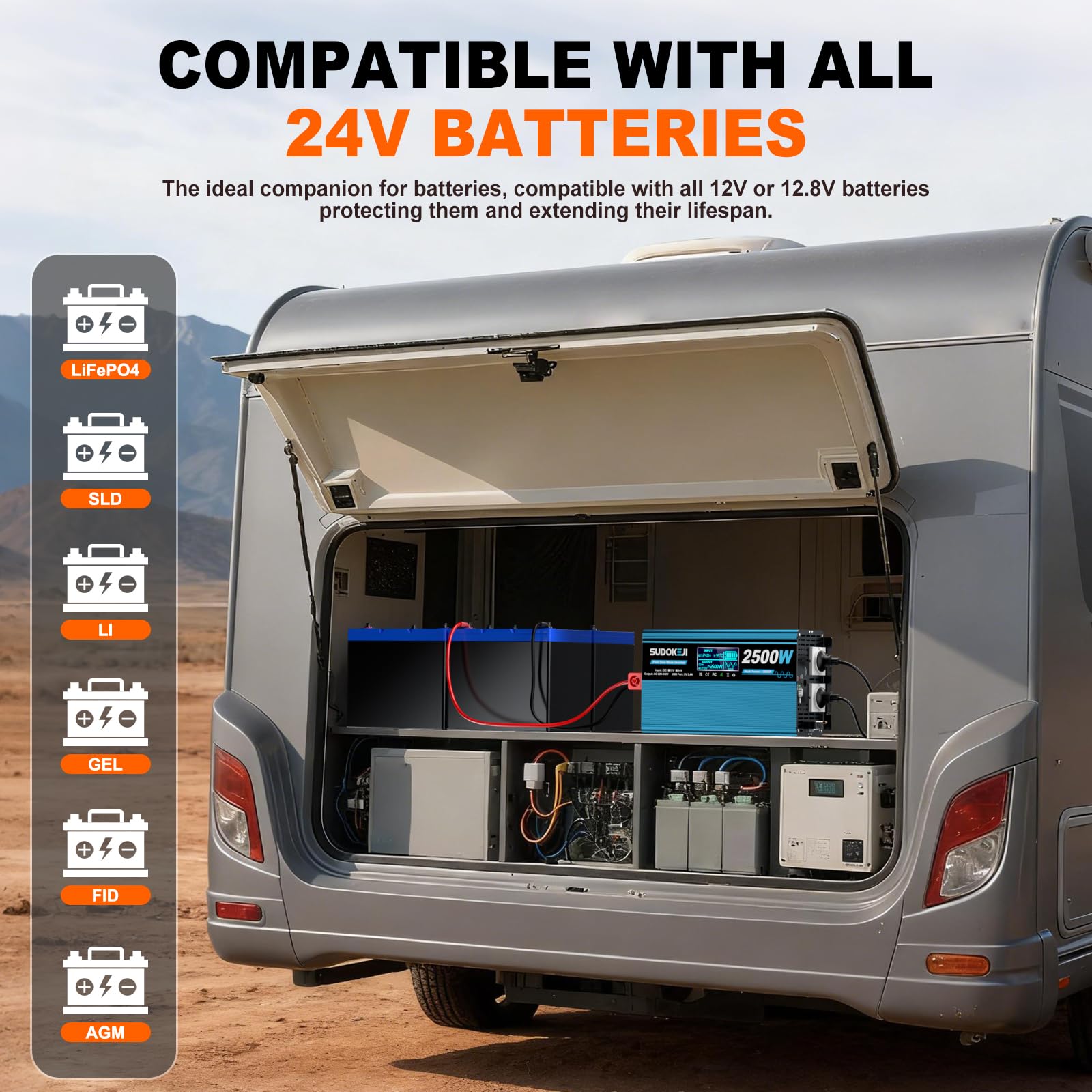 Wechselrichter 24V auf 230V Reiner Sinus 2500W Spannungswandler mit LCD-Bildschirm-Fernbedienung 2 EU-Steckdosen & 2 USB-Anschluss für Wohnwagen, Boot, Camping