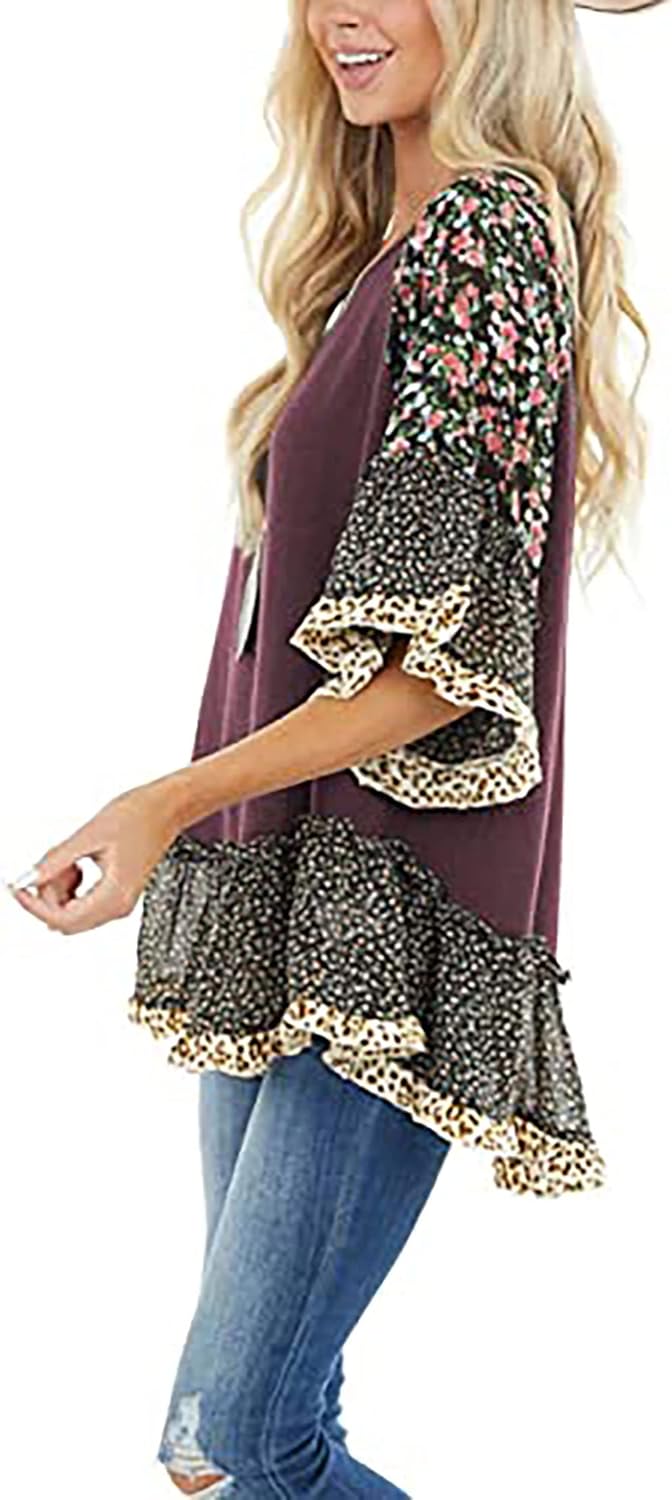 CASURESS Women's Floral Printed Ruffle 3 4 Sleeve Shirt Batwing Loose Tops Blouses Pullover - Image 2