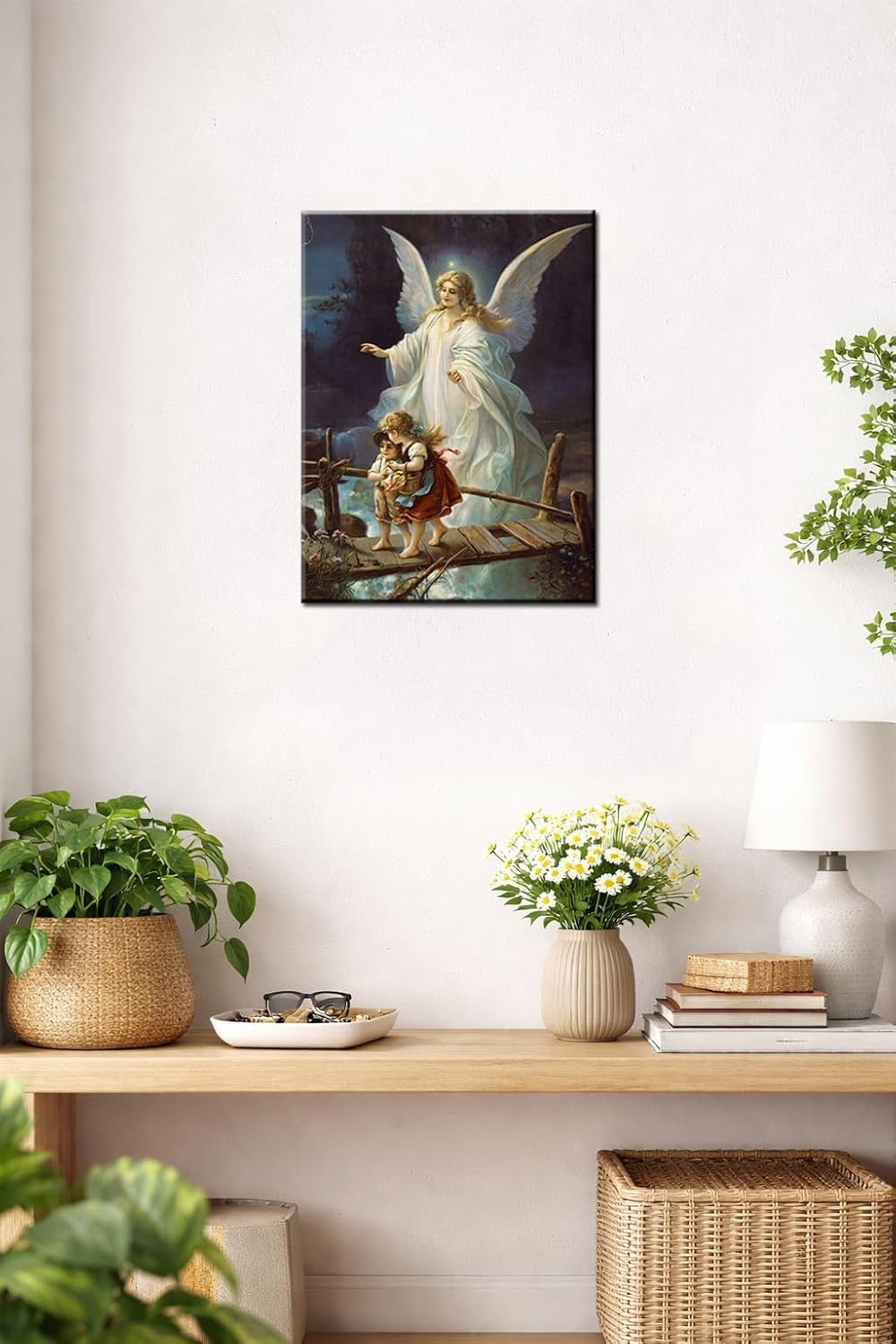 Guardian Angel Wall Art Angel Protecting Children on Bridge Wall Decor Framed Canvas Print Picture Guardian Angel Poster HD Painting for Gift Room Home Ready to Hang(12''Wx16''H)