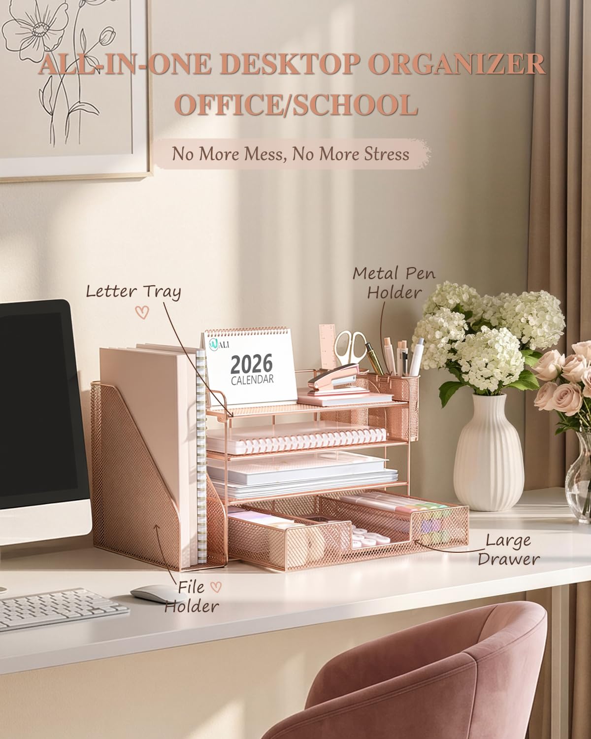 WALI Desk File Organizer, 4 Tier Desktop Paper Letter Tray Organizer with Drawer and 2 Pen Holders, Office Desk Accessories & Workspace Organizers for Office, Home, School Supplies, 1 Pack, Rose Gold view 2