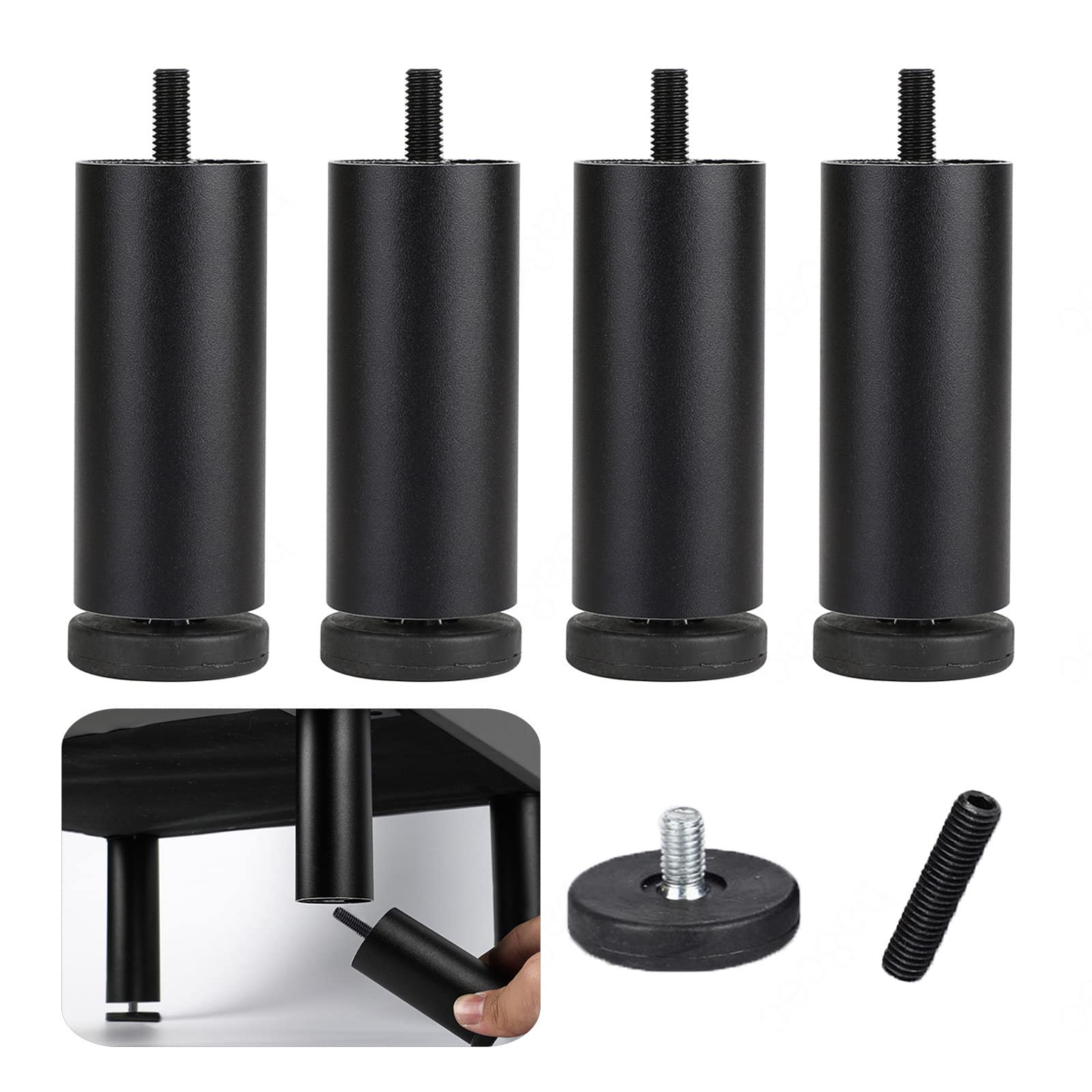 KGUDYS Metal Sofa Legs, Aluminum Alloy Furniture Legs, 4-Pcs Cylindrical Support Legs, 6/10/15/20/25/30cm Thickened Replacement Furniture Legs Armchair Cabinet Feet, M8 Bolts,Black-12cm/4.7in