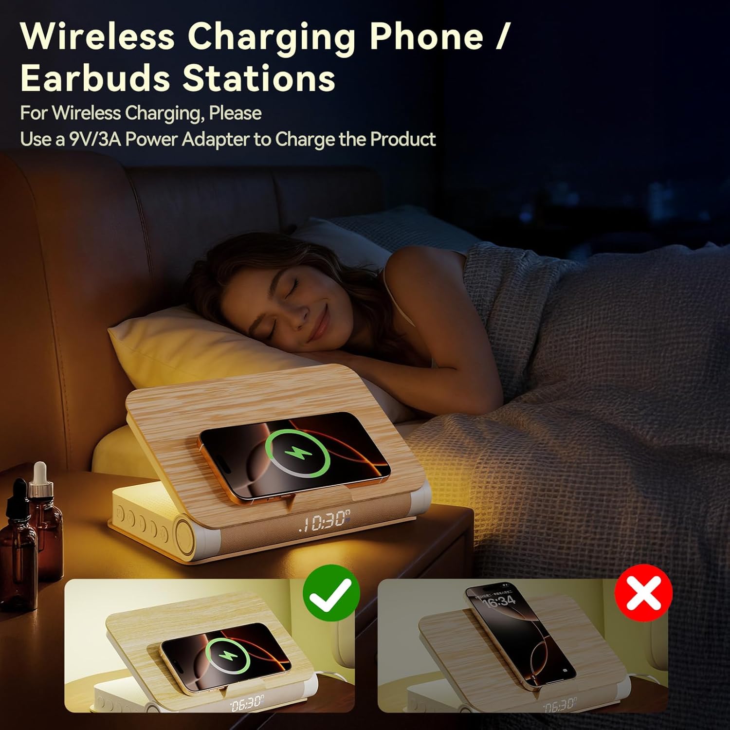 Vivilumens Alarm Clocks Wireless Charger Bluetooth Speaker Loud Sunrise Bedside Lamp for Heavy Sleepers Adults with Book Shape Wake Up Light for Bedroom Home Decor （Wooden Grain）