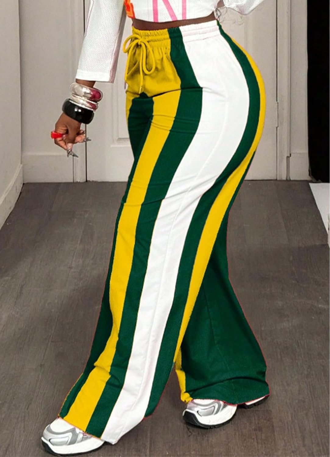 Wide Leg Sweatpants Women High Waisted Baggy Striped Lounge Stretchy Loose Straight Leg Jogger Long Pants