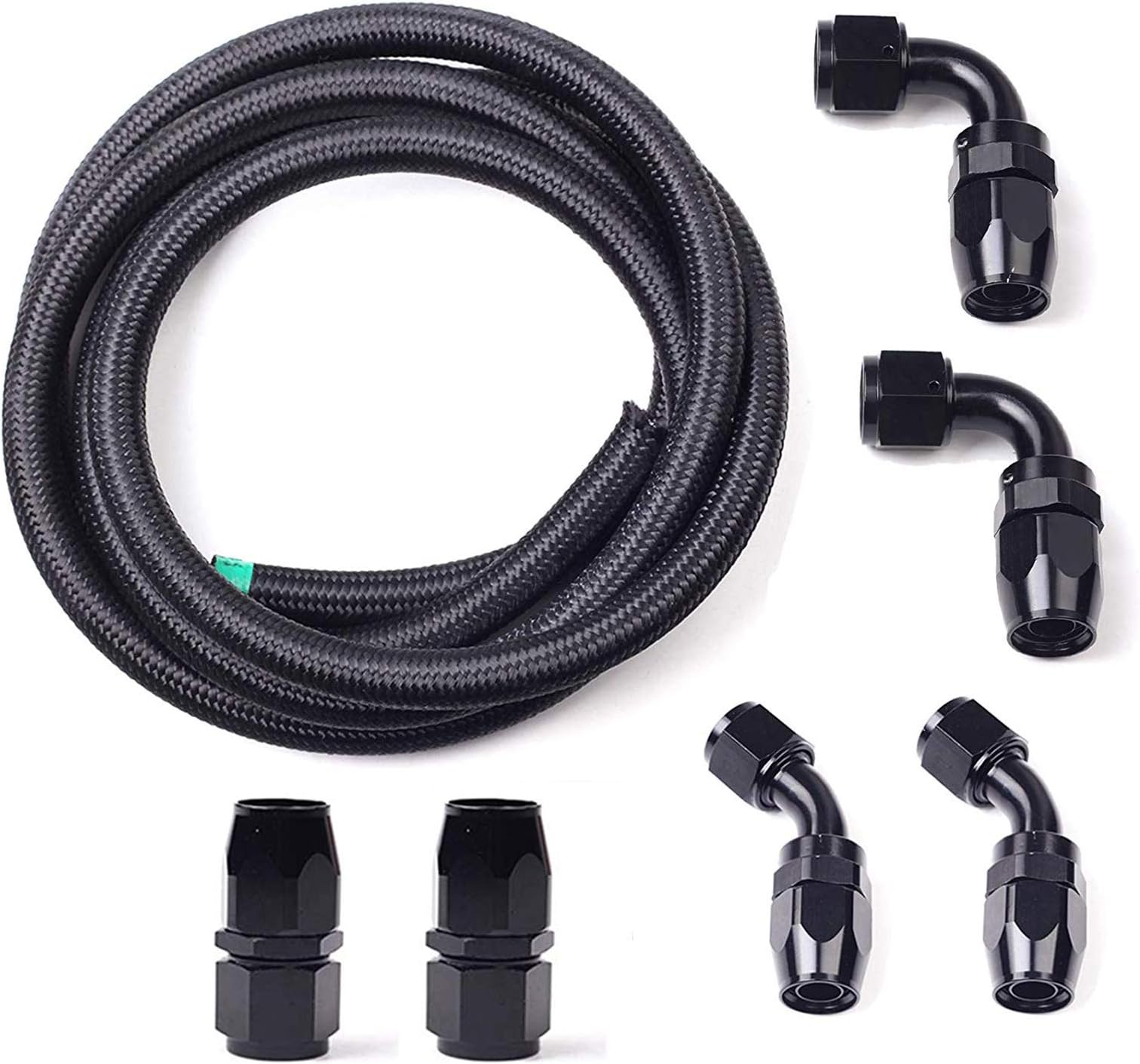 BLACKHORSE-RACING 10Ft 10 an AN10 Nylon and Stainless Steel Braidied Oil Gas Fuel Hose Fuel Line + 6pcs 10an Hose Fitting Kit Black