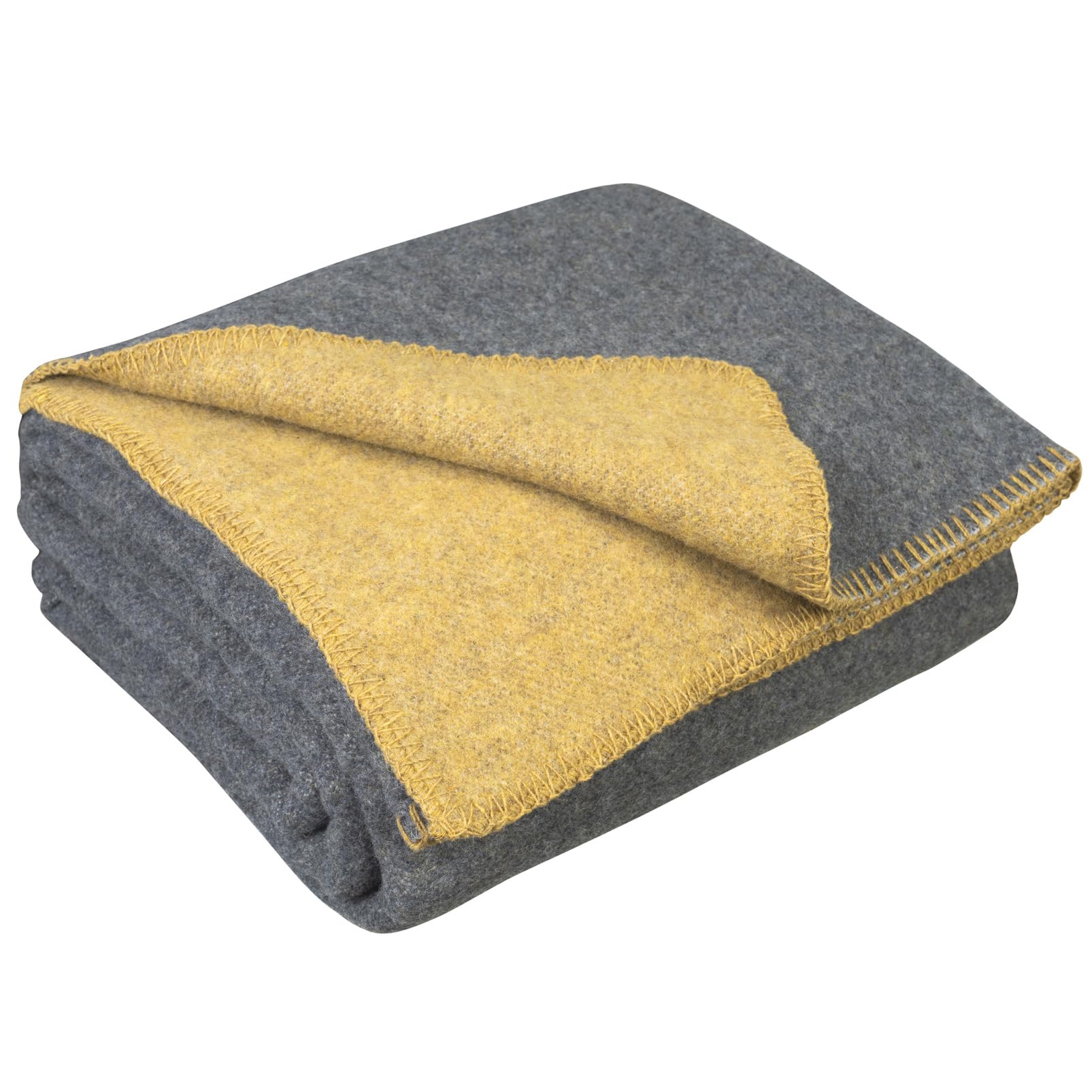 LYHome Merino Wool Blanket - Sheep's Wool Plaid for Military Travel Camping, Covers for Sofa Bed, Blankets Sofas, Warm Blankets Winter Summer (130 x 170 cm | Mustard - Double-Sided Grey)