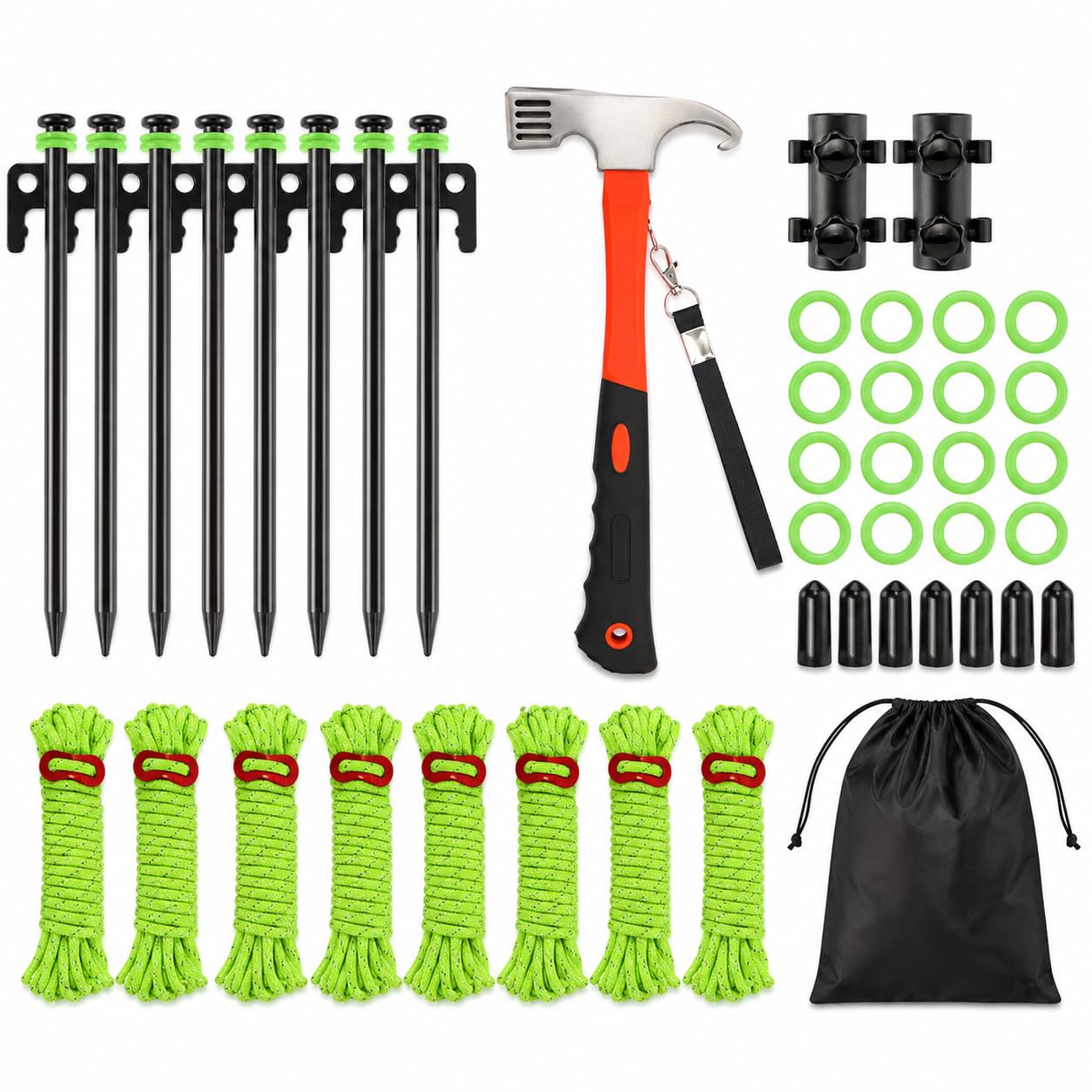 Zeltbefestigungsset sturmsicher für Camping, Zeltheringe Set & Abspannseile, für Zeltzubehör, Set mit 8X 20cm Heringen, 8X reflektierenden Seilen, orangefarbenem Hammer und Zubehör