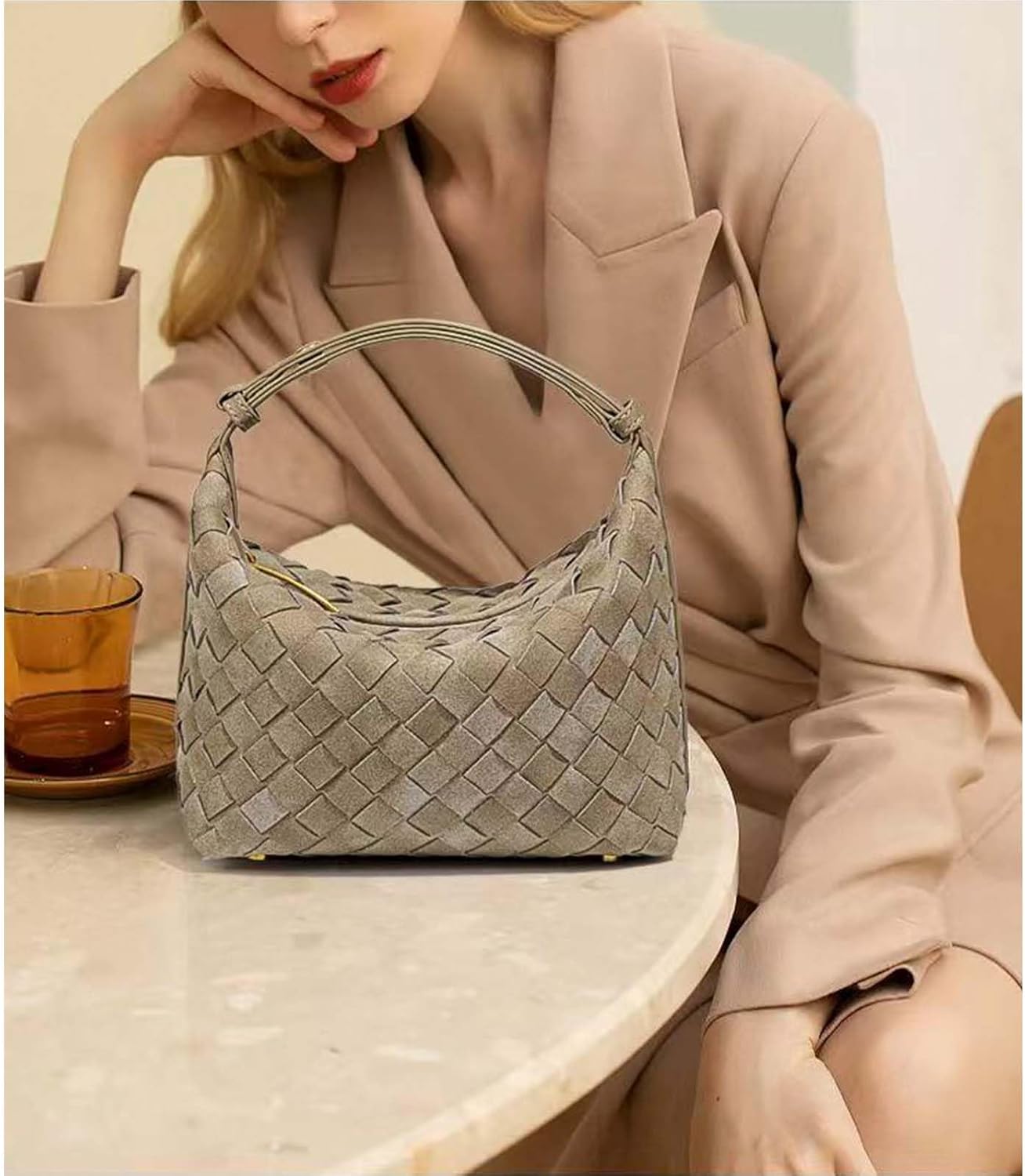 Woven Purse for Women Suede Leather Shoulder Bag Vegan Tote Bags Suede Hobo Top-Handle Handbag - Image 2