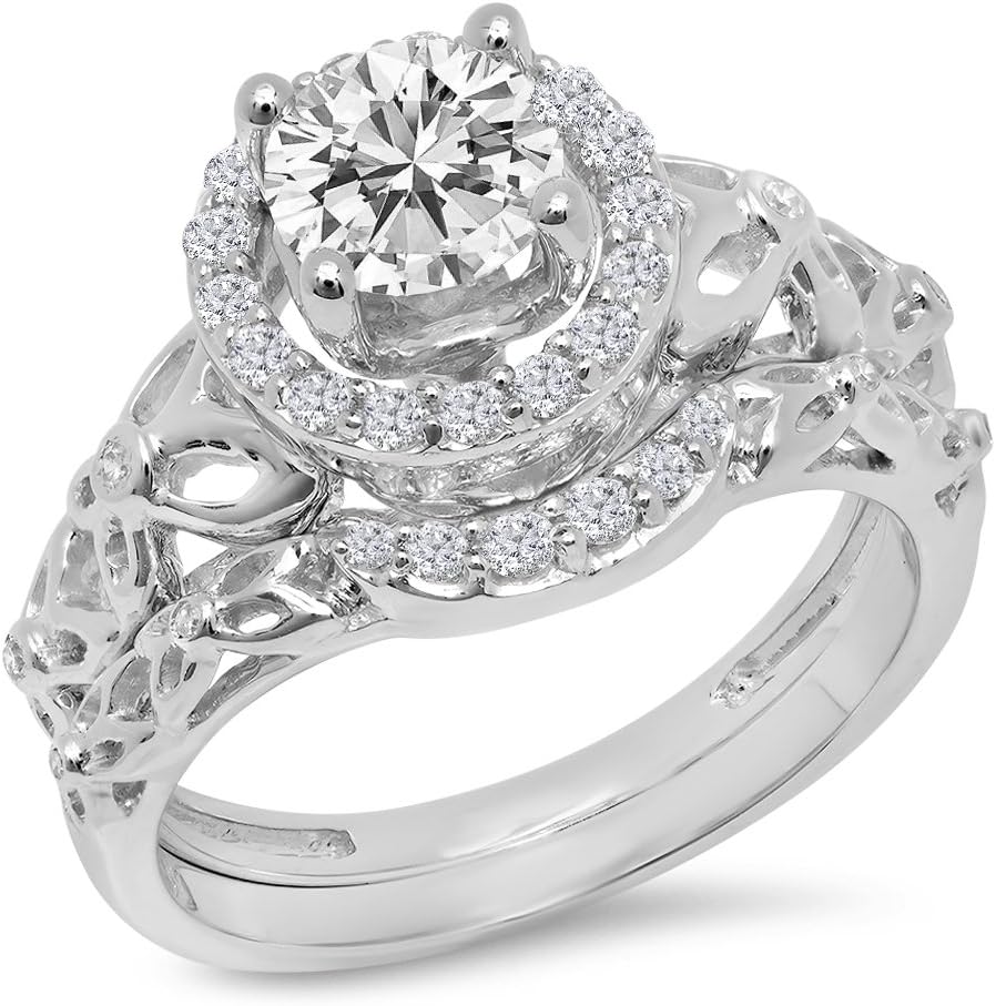 Dazzlingrock Collection 1.15 Ctw 14K Real Solid Gold Round White Natural Diamond Women Bridal Vintage Style Halo Engagement Ring Band Set