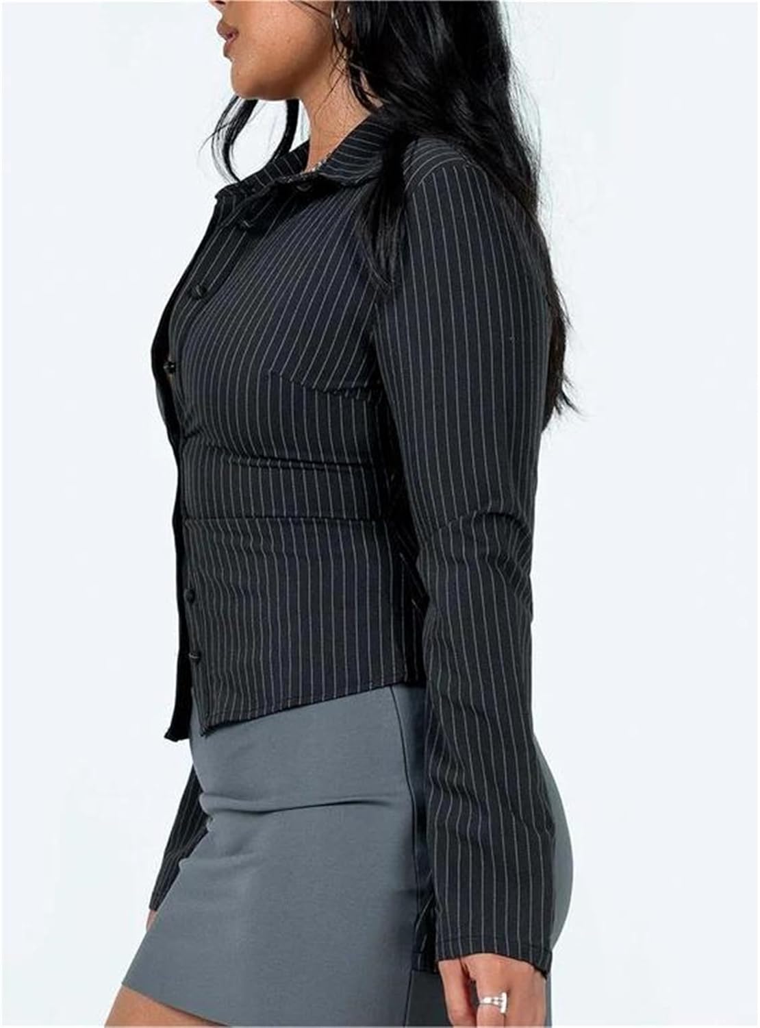 Women Long Sleeve Slim Button Up Shirt Solid Color Y2K Button Down Blouse Vintage Slim Fitted Collared Dressy Top - Image 4