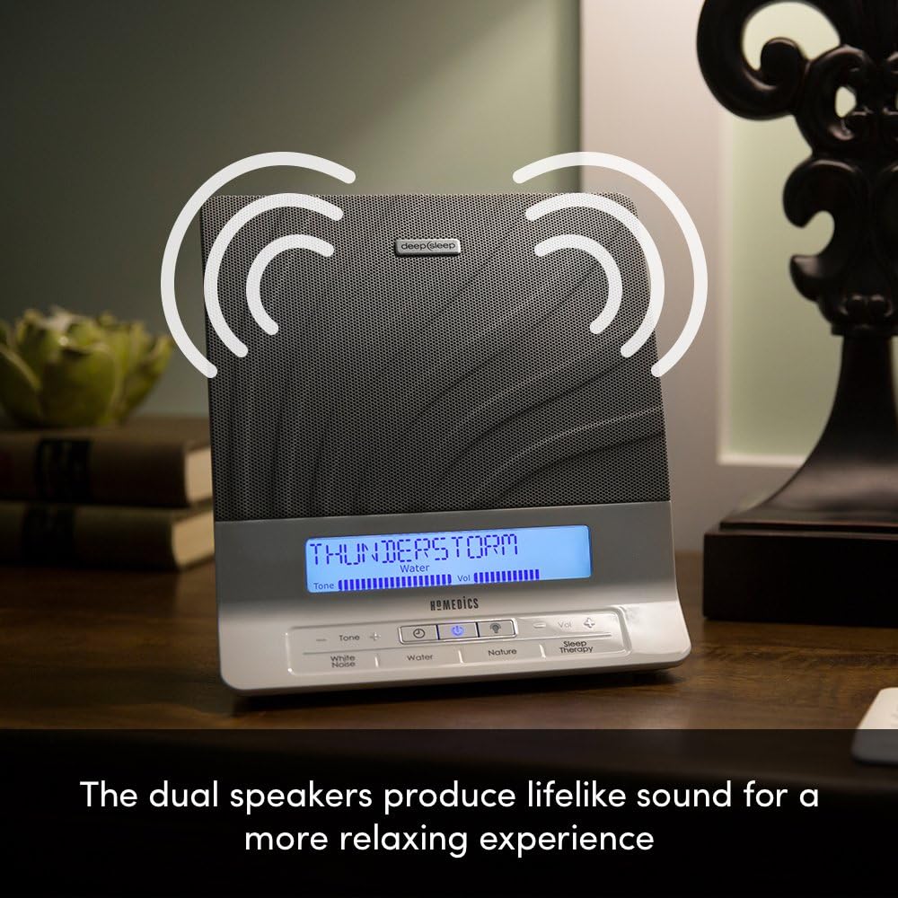 HoMedics Deep Sleep II Therapy Machine | White Noise Device, LCD Screen, Remote, Timer, Dimmer, Dual Speakers | 12 Soothing Nature Sounds, Masks Distractions, 8 Sleep Therapy Programs