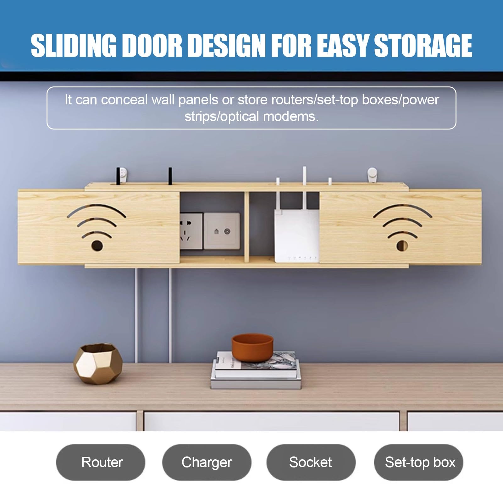 Boîtier de gestion de câbles caché pour routeur WiFi, support mural en bois pour modem, décodeur, multiprise, cordons – Idéal pour le salon, le bureau, la chambre à coucher