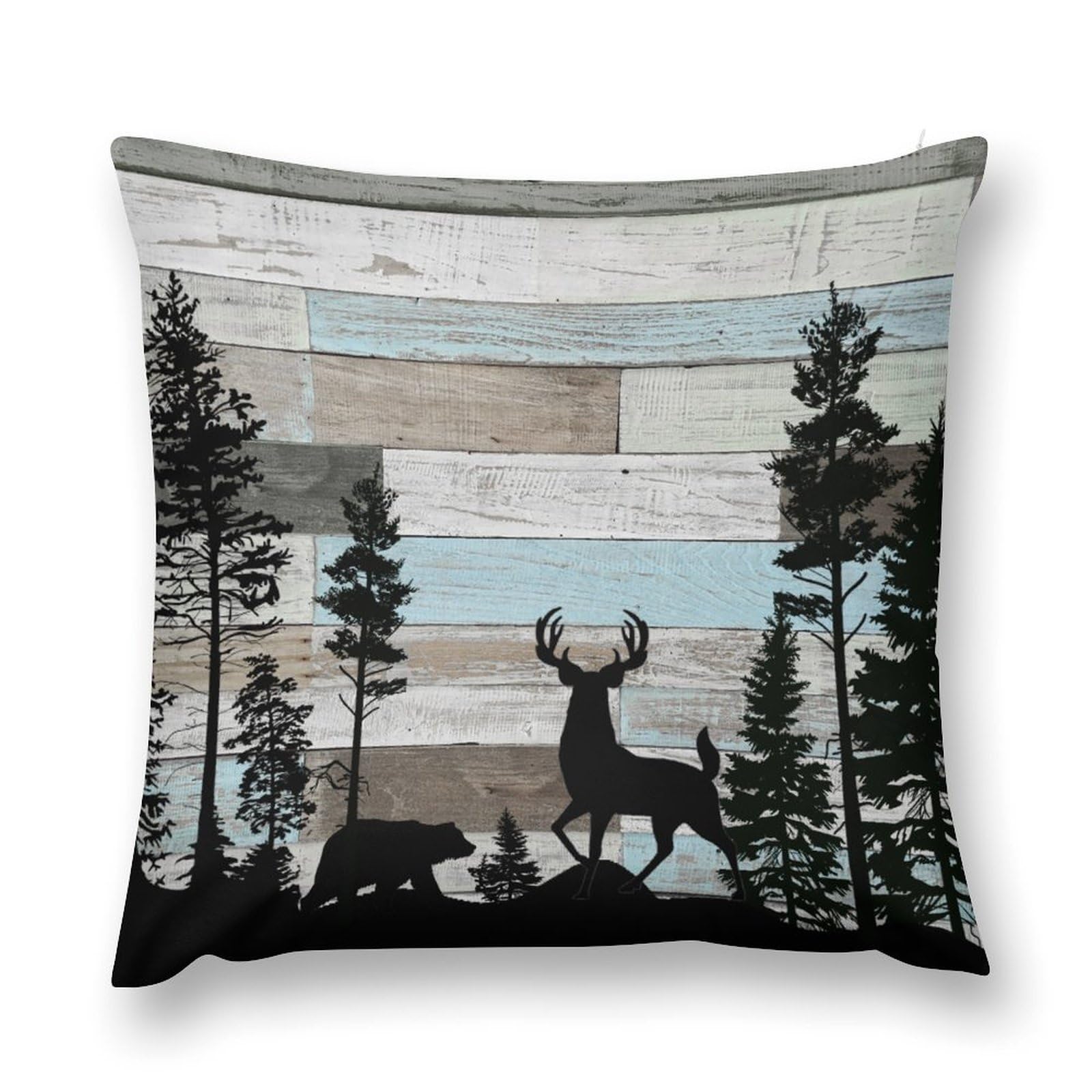 moderw Rustic Bear Deer Cabin Throw Pillow Cover, Hunting Forest Pine Tree Couch Cushion Case Retro Country Farmhouse Wild Animals Wooden Board Sofa Pillowcases for Home Bed Decor 18x18inch