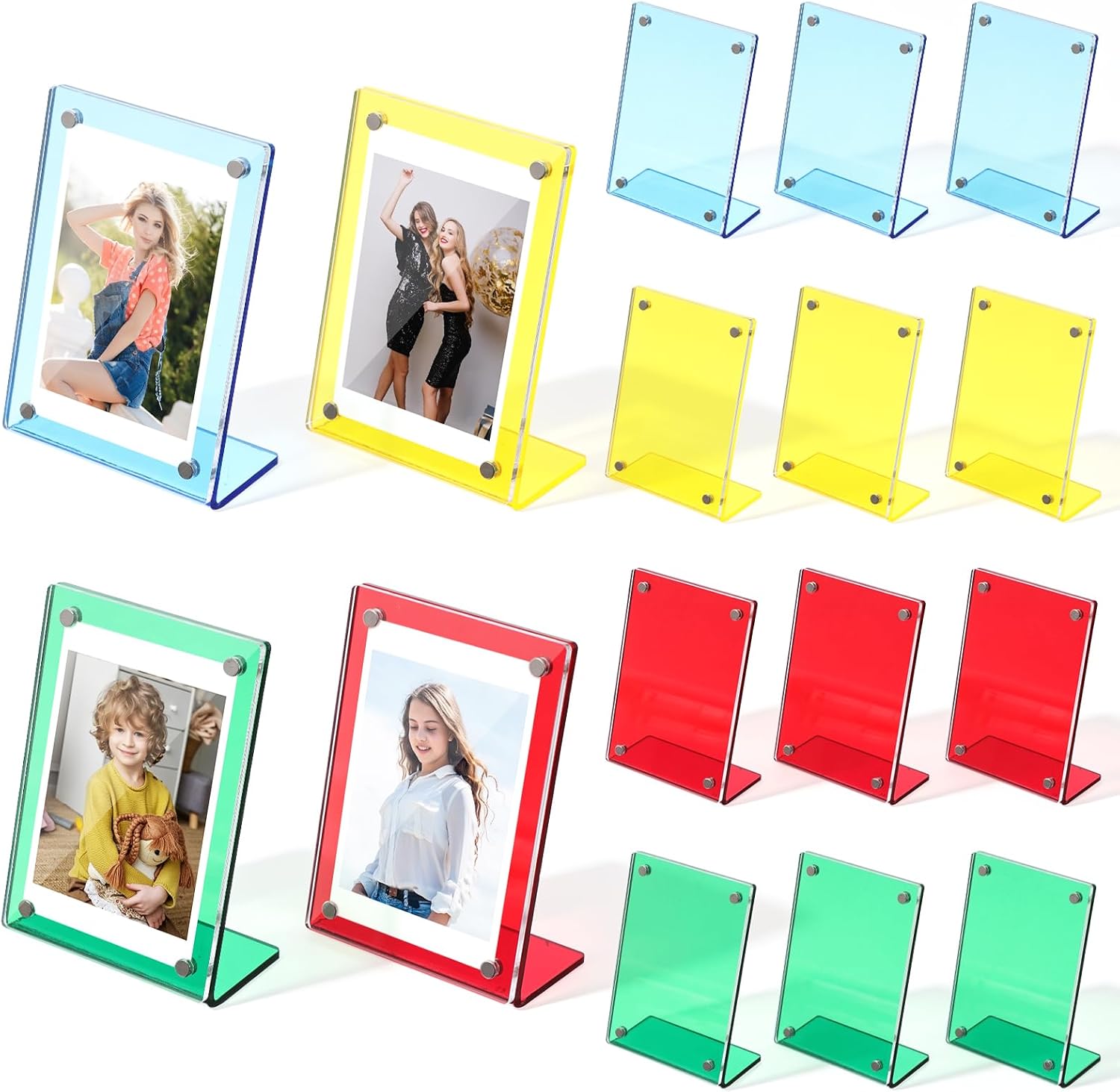 12 Pack Acrylic Magnetic Picture Frame, L-Shape Tabletop Display for Mini/Wallet Photos, Single-Sided Color Back Plate for Desk Decor (Red, Blue, Yellow, Green)