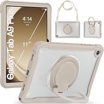 BRAECN Case for Samsung Galaxy Tab A9 Plus/A9+ 5G 11 inch 2023 SM-X210/X216/X218, Clear Protective Durable Cover for Kids, 360 Rotating Stand & Ring Handle & Shoulder Strap, Khaki