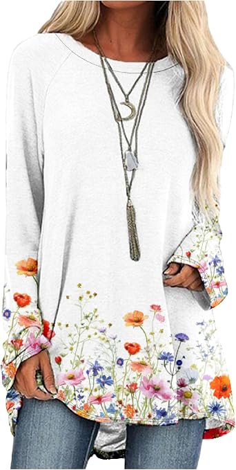 DMOYALA Boho قمم للنساء تقع بأكمام طويلة بالإضافة إلى حجم الأزهار أعلى قمم سترة لطيف Crewneck Trendy الجرافيك سترة سترة