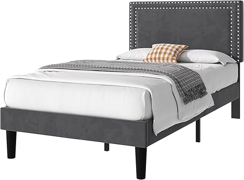 Miniatura 90 de VECELO Base de cama de tamaño matrimonial con cabecera tapizada ajustable, plataforma de listones de madera, diseño sin ruido, fácil montaje Negro