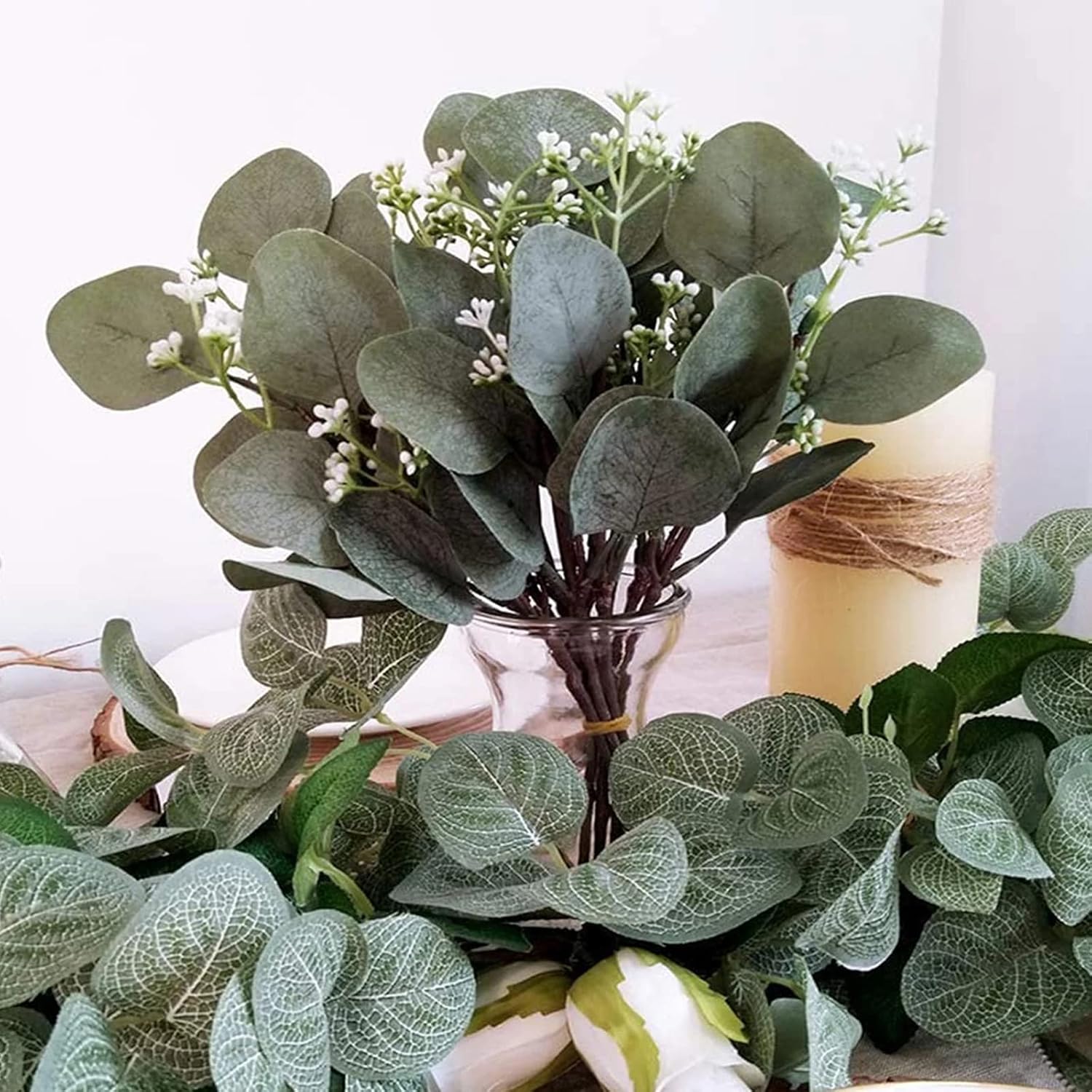 64 PCS Artificial Greenery Stems,Silver Dollar Eucalyptus Stems with 384 Eucalyptus Leaves White Seed Branches for Flower Arrangements,Wedding Bouquets - Image 8