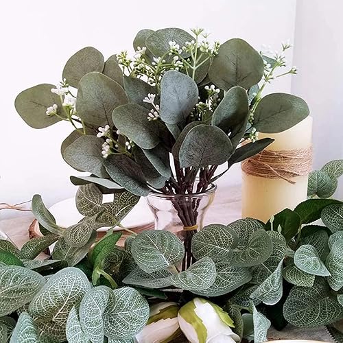 Miniatura 8 de 65 tallos de eucalipto, tallos de vegetación artificial, tallos de eucalipto de dólar plateado con 390 hojas de eucalipto, ramas de semillas blancas