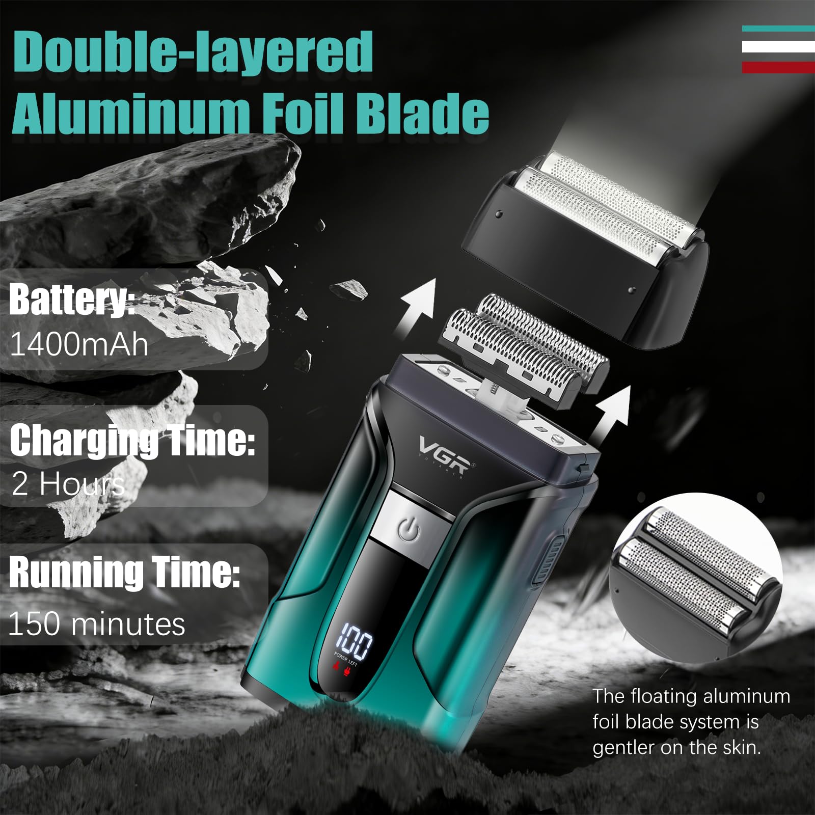 VGR 694 - Tagliacapelli da uomo, set professionale di tagliacapelli e trimmer da barbiere, kit da taglio dei capelli senza fili per uomini con rasoio a lamina, base di ricarica e display LED, verde