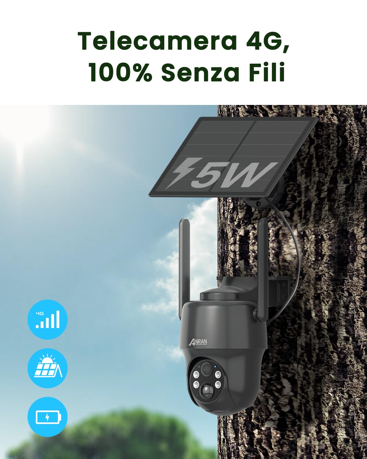 ANRAN 4G/3G LTE Telecamera con SIM 4G da Esterno, 2K Telecamera Senza WIFI | 360° PTZ Telecamera a Batteria con Pannello Solare, Visione Notturna a Colori, Rilevamento PIR, IP66, Nero G1 Pro