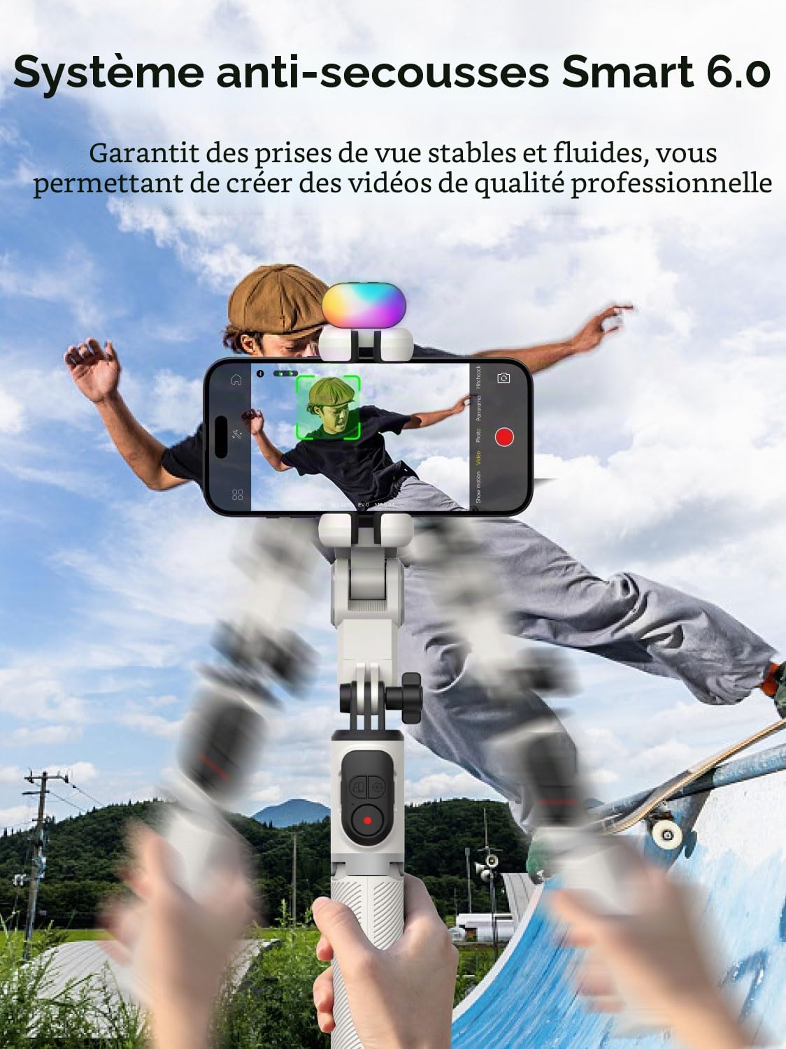 AOCHUAN Stabilisateur à Cardan pour Smartphone, Perche Selfie avec Trépied et Suivi Automatique du Visage pour TikTok YouTube Vlog, Gimbal 4 en 1 Rotation 360° Compatible iPhone/Android - M1 Pro Blanc
