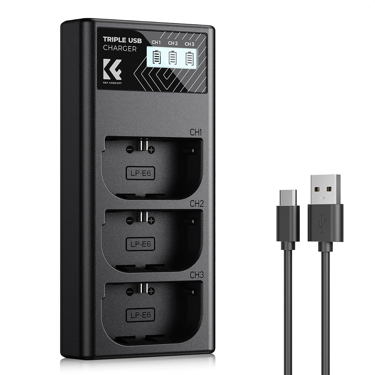 LP-E6NH Cargador de 3 Ranuras, LP-E6 LP-E6N Cargador de batería con Pantalla LCD para cámaras Canon EOS R5 R6 R7 5D 6D 7D Mark II