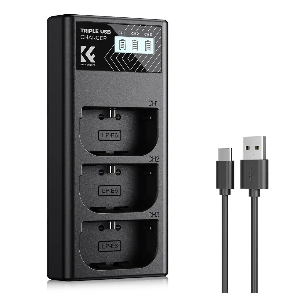 K&F CONCEPT LP-E6/LP-E6N/LP-E6NH Carregador de bateria LCD com compartimento triplo, carregamento micro USB/TipoC, compatível com Canon EOS R5, R6, EOS R, 80D, 70D, 60D, EOS 5D Mark II/III/IV