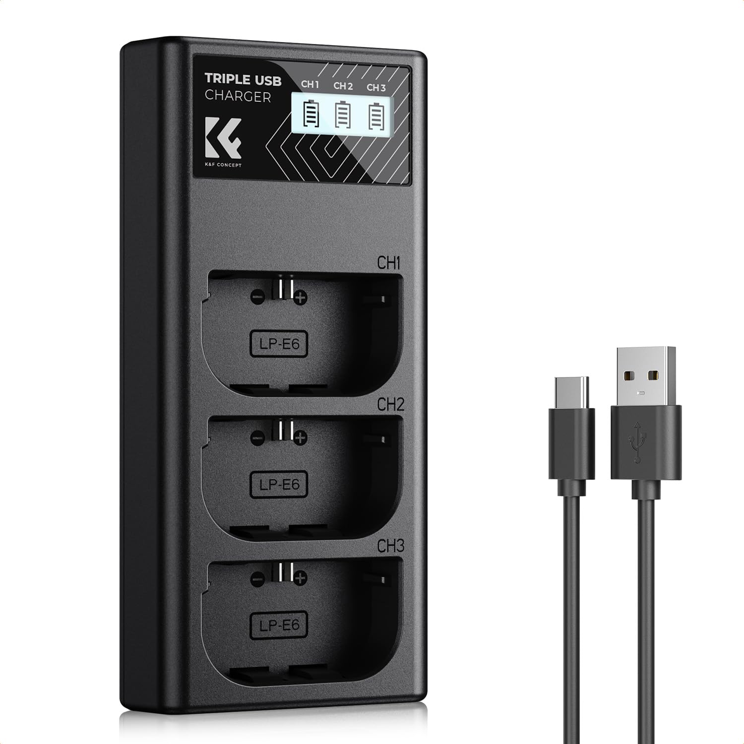 K&F CONCEPT LP-E6NH 3-Slot Charger, LP-E6 LP-E6N Battery Charger with LCD Display for Canon EOS R5 R6 R7 5D 6D 7D Mark II Cameras